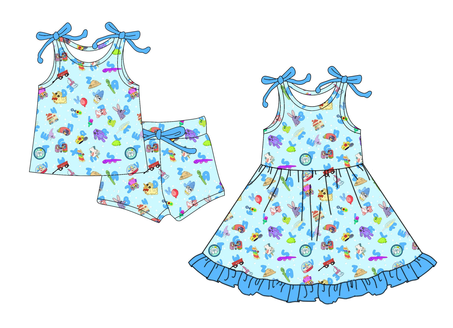 ( Moq 5 Each Style ) Baby Girl Back To School Blue Cartoon Sibling Summer Dress Set 4.21