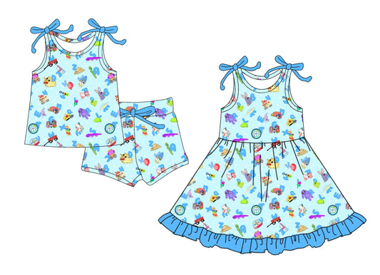 ( Moq 5 Each Style ) Baby Girl Back To School Blue Cartoon Sibling Summer Dress Set 4.21