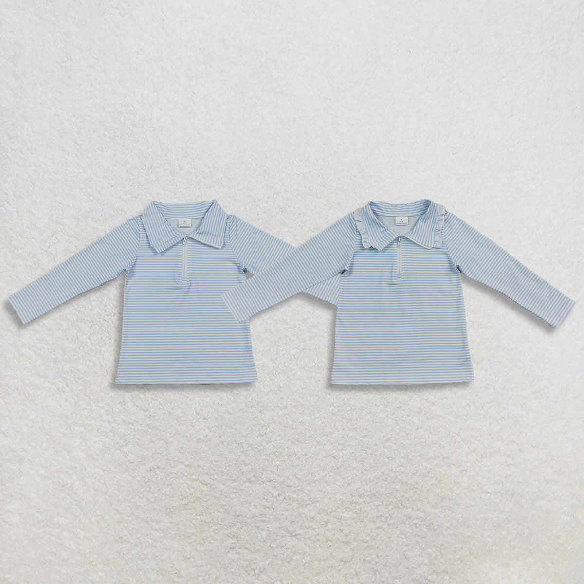 Sibling Baby Boys Girls Kids Long Sleeves Blue Stripes Zipper Pullovers Shirts Tops RTS