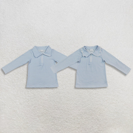 Sibling Baby Boys Girls Kids Long Sleeves Blue Stripes Zipper Pullovers Shirts Tops RTS