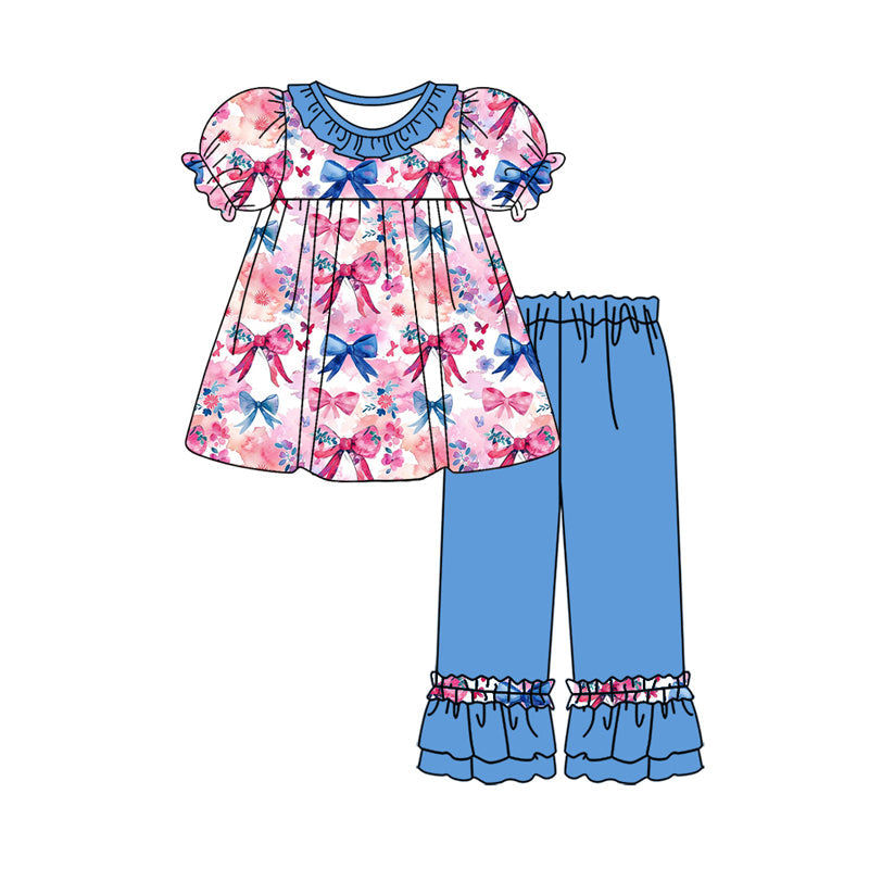 Baby Girl Short Sleeves Bows Flower Tops Blue Ruffle Pants Set Moq 5