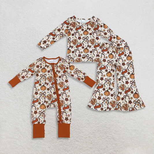 Sibling Baby Girls Kids Pumpkins Bows turkey Zipper Footie Romper Set Thanksgiving Fall Clothes RTS