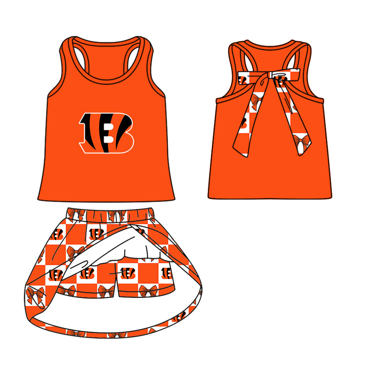 ( Moq 5 Each Style ) Baby Boys Girls Toddler Orange Bows Team Sibling Shorts Dress Shirt Set Clothes