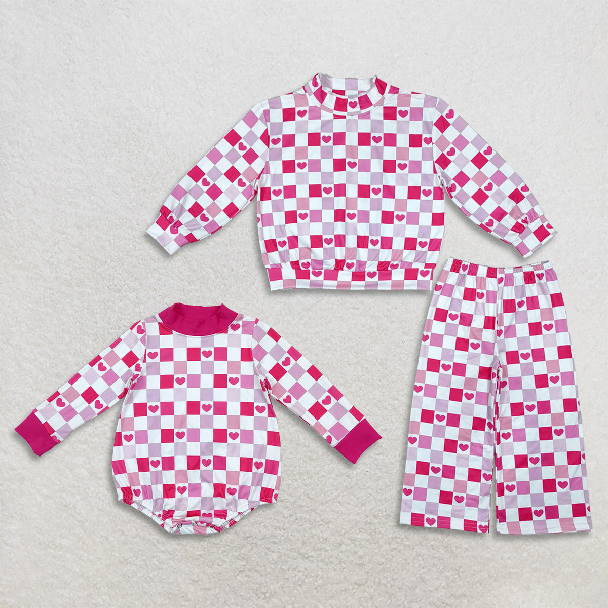 Sibling Baby Kids Toddler Long Sleeves Hearts Checked Valentine Romper Set Mock Neck‌ Clothes RTS