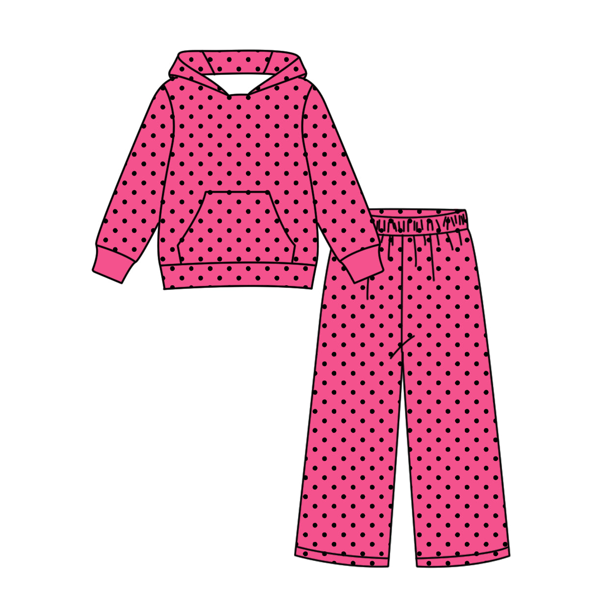( Moq 5 ) Custom Baby Girls Kids Black Dots Hoodie Pullover Pants Hot Pink Set Clothes
