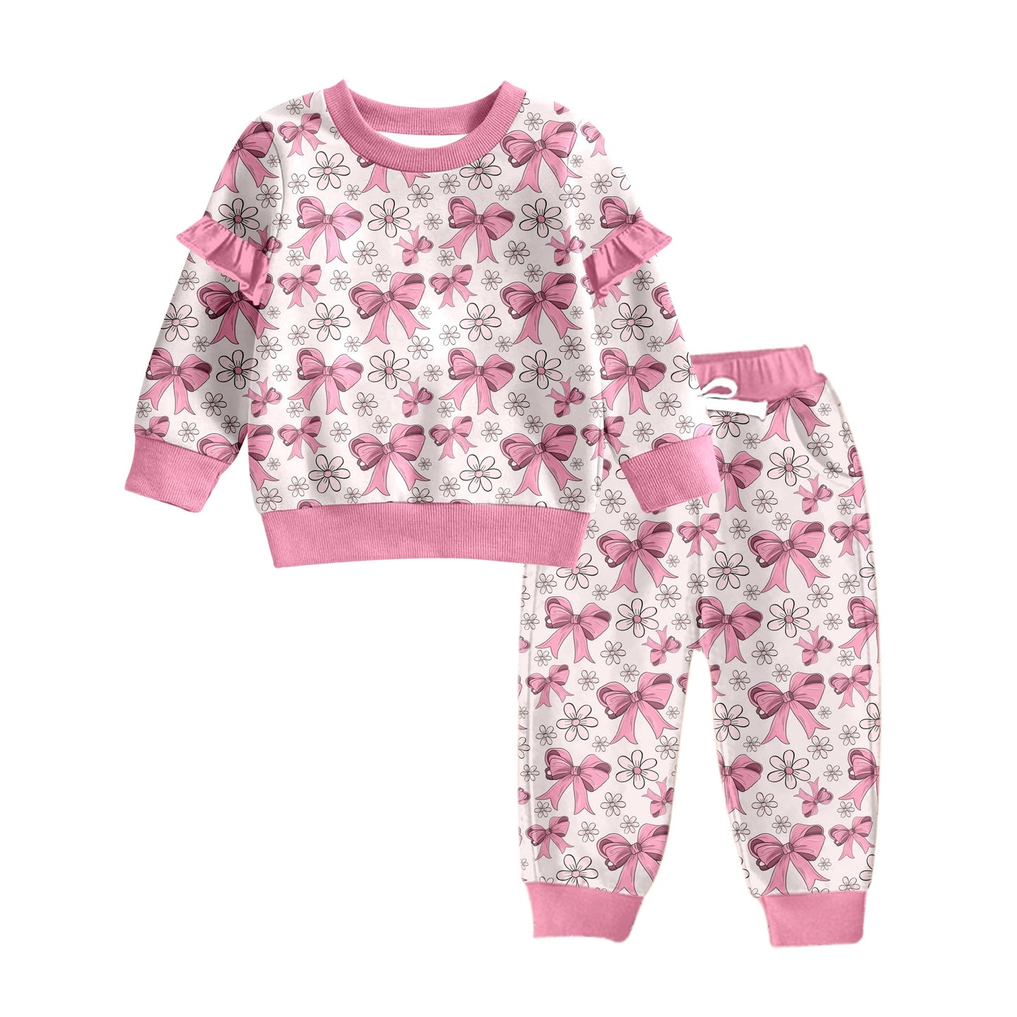 Baby Girl Long Sleeves Bows Flower Shirt Pants Pink Set