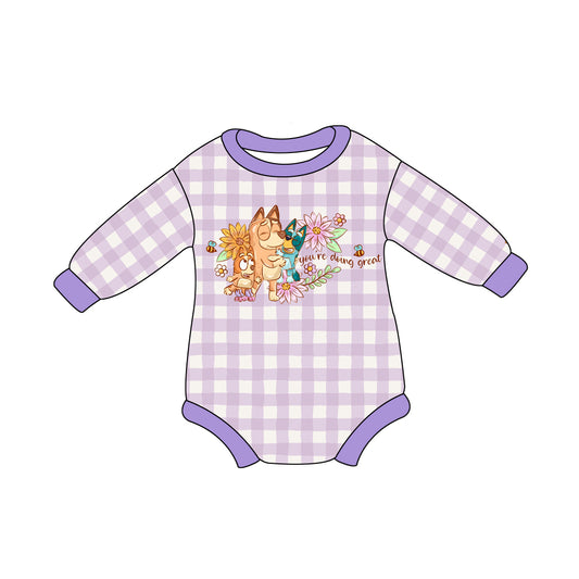 Baby Girl Dogs Flower Purple Plaid Bubble Romper