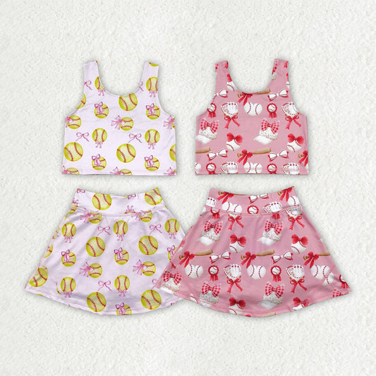 Baby Girl Sleeveless Bows Baseball Sibling Yoga Active Wear Skort Set Clothes RTS