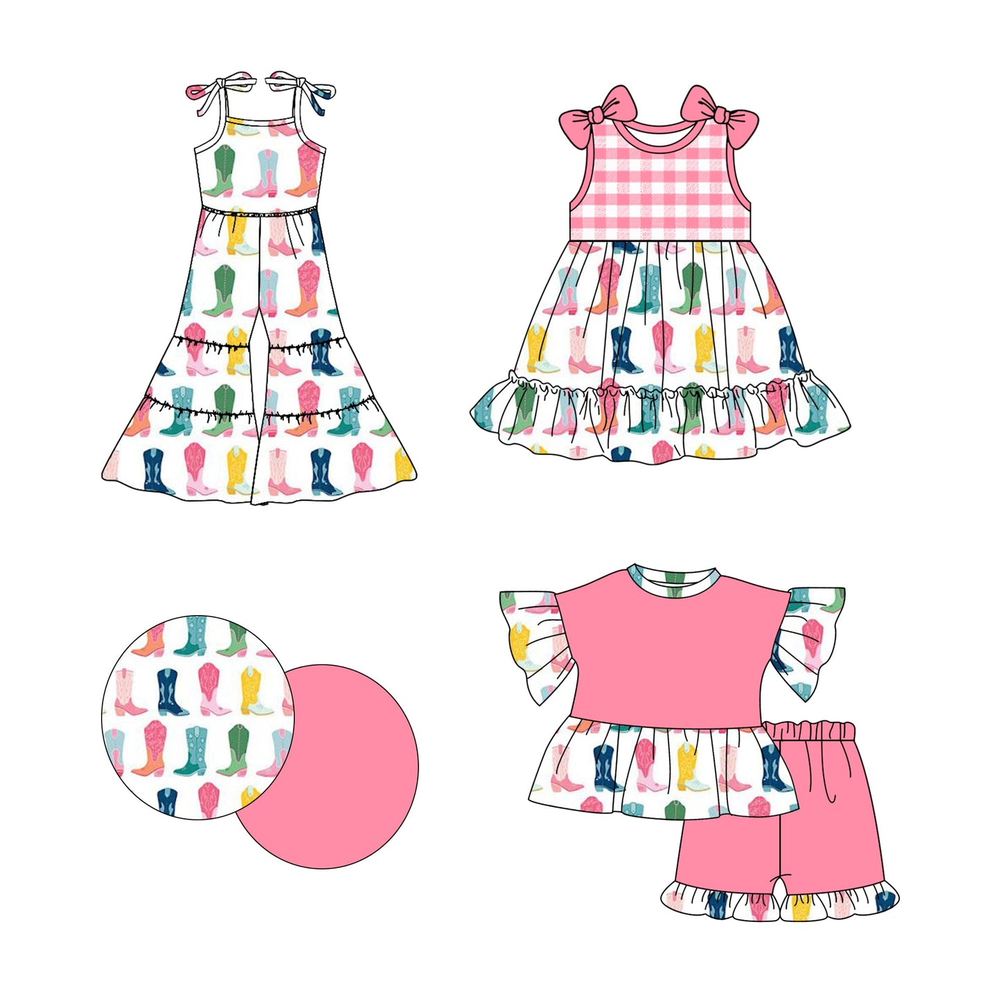 Baby Girl Western Boots Checked Sibling Jumpsuit Dress Set ( Moq 5 Each Style ) 2.21