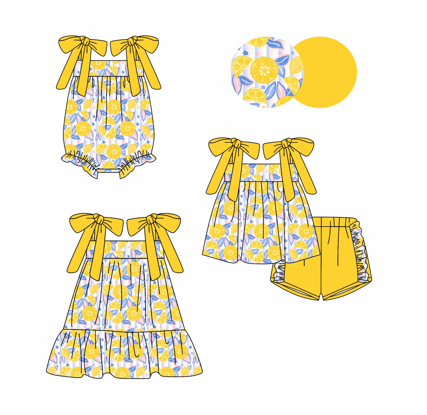 ( Moq 5 Each Style ) Sibling Baby Girls Kids Lemon Stripes Romper Dress Set Summer Clothes