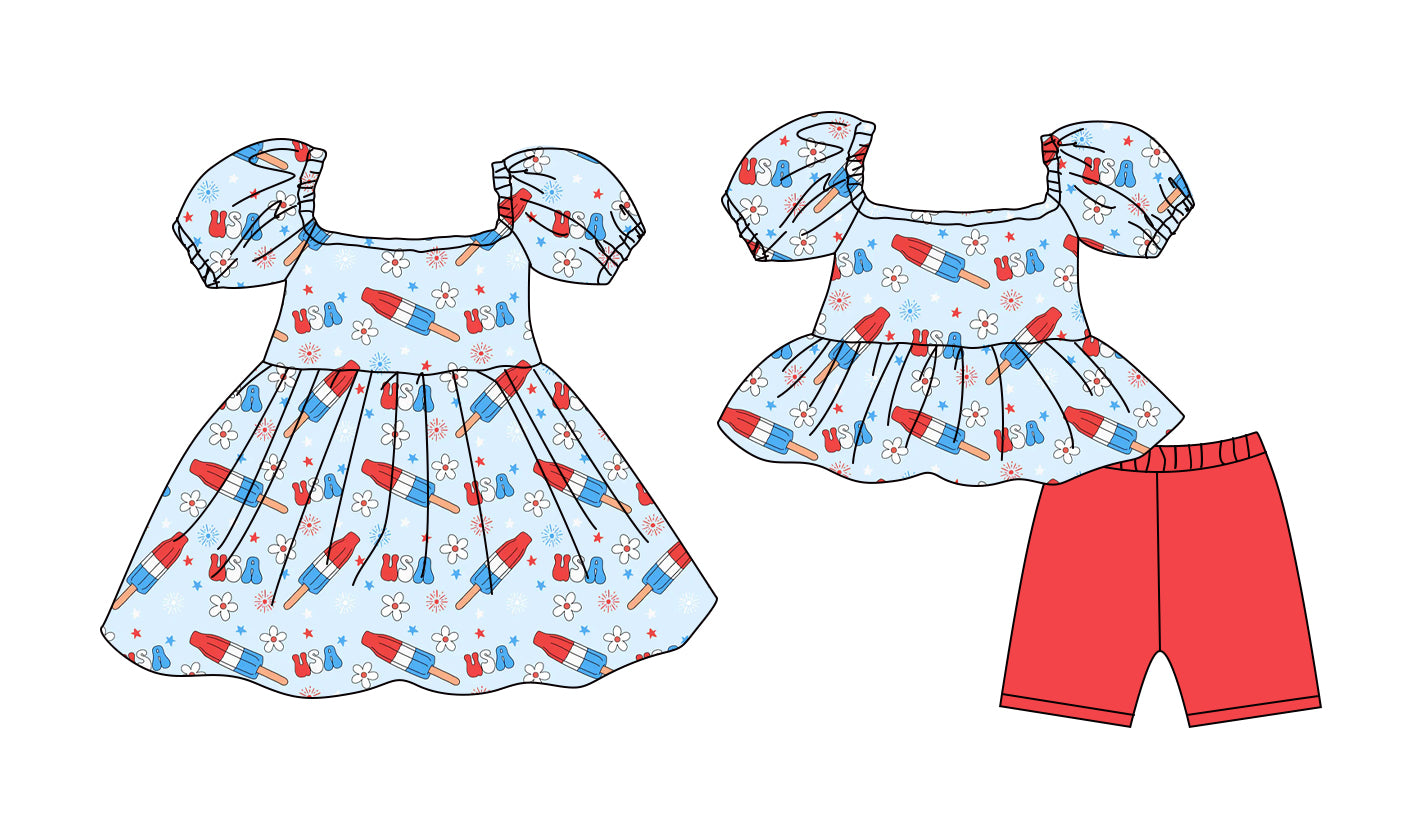 ( Moq 5 Each Style ) Baby Girls Kids Short Sleeves Popsicle Flower Bows Sibling 4th of July Dress Set