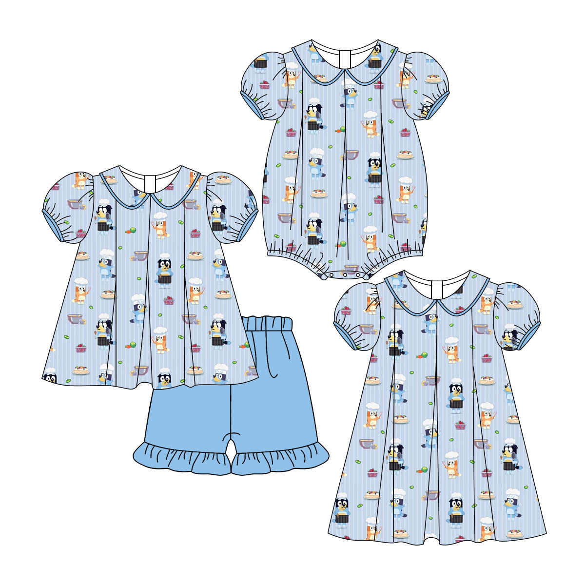 Baby Girl Short Sleeves Dogs Blue Sibling Romper Dress Set ( Moq 5 Each Style ) 3.15