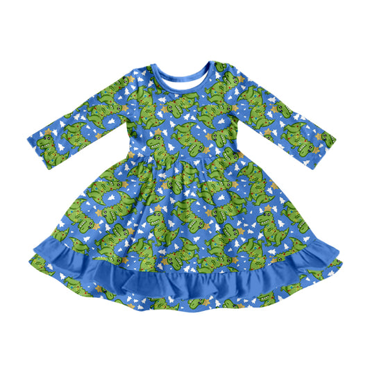 Baby Girl Long Sleeves Christmas Dinosaurs Ruffle Dress