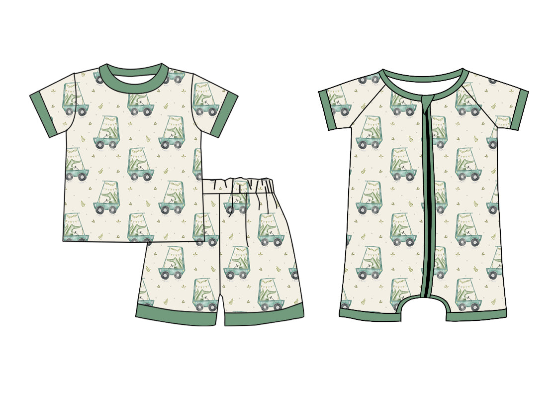 Baby Boy Short Sleeves Dinosaur Sibling Green Romper Set ( Moq 5 Each Design )