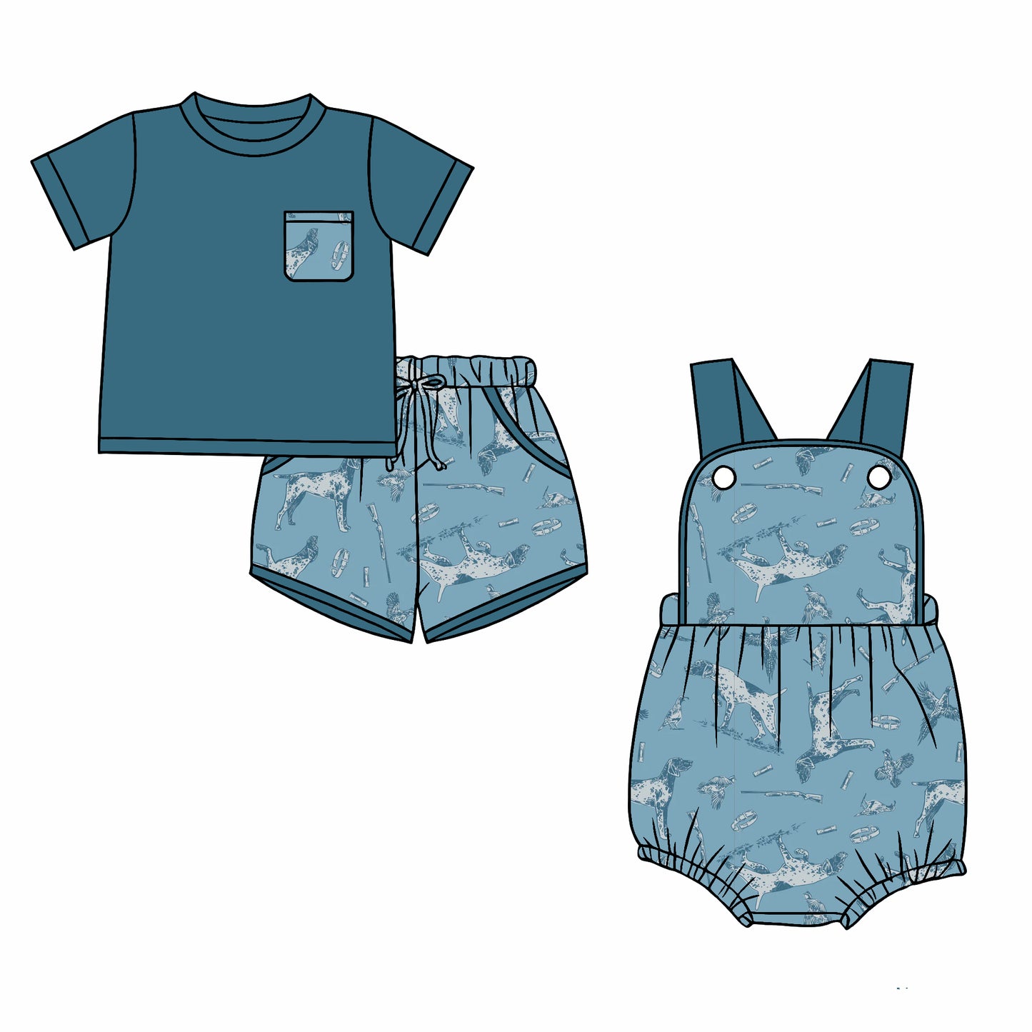 ( Moq 5 Each Style ) Sibling Baby Boys Kids Shirt Pockets Shorts Dogs Set Romper