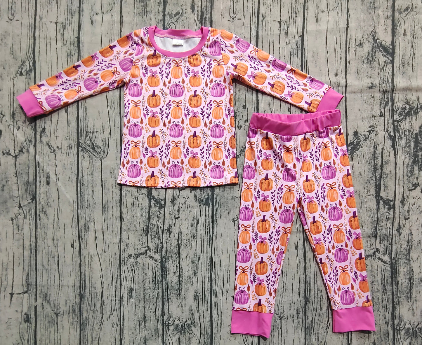 Baby Girl Long Sleeves Bows Pumpkins Shirt Pants Pajamas Fall Thanksgiving Set RTS