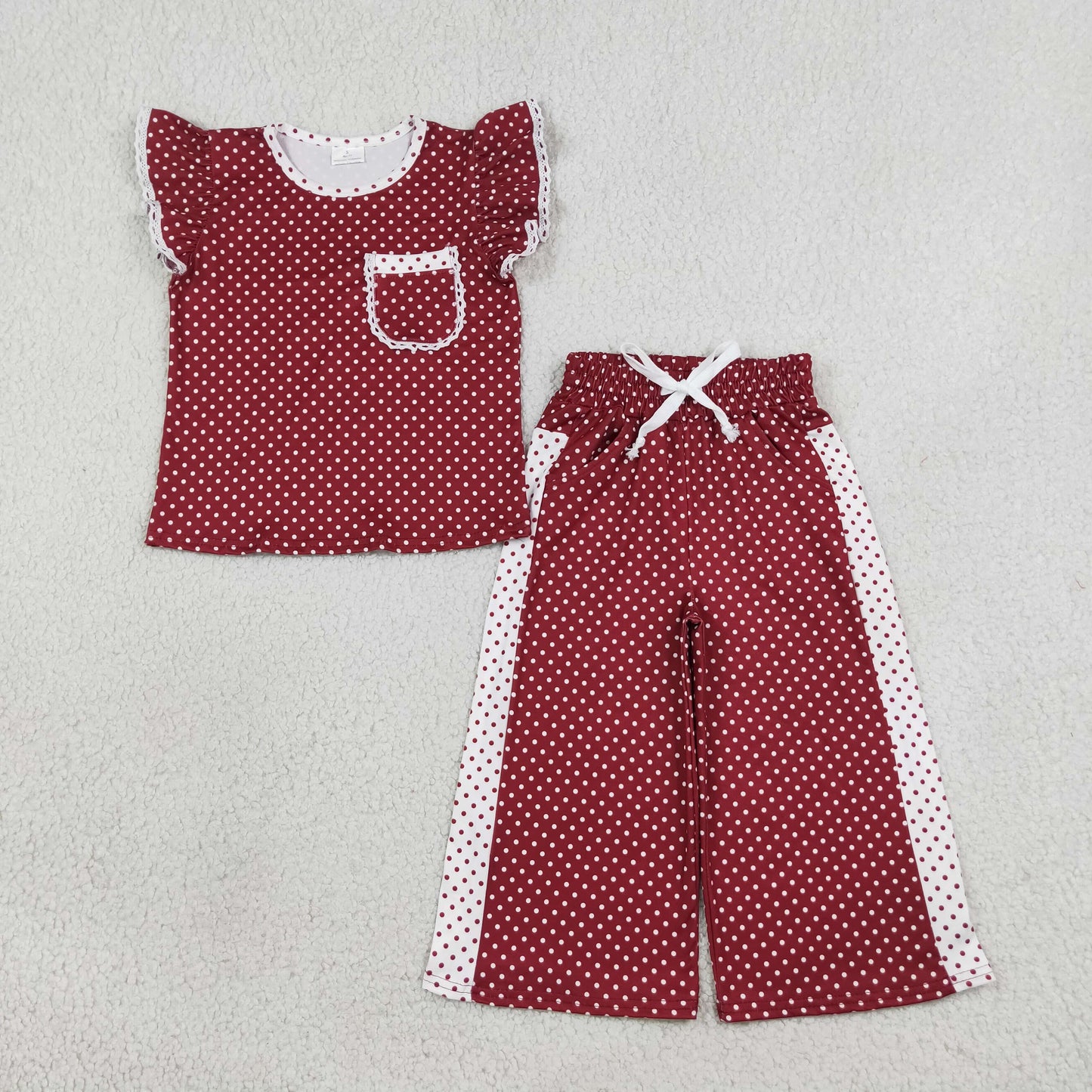 Baby Girl Kids Short Sleeves Pocket Shirt Dots Pants Red Set Clothes RTS