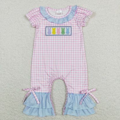 SR0689 Baby Girl Short Sleeves Easter Embroidery Rabbit Plaid Ruffle One Piece Romper