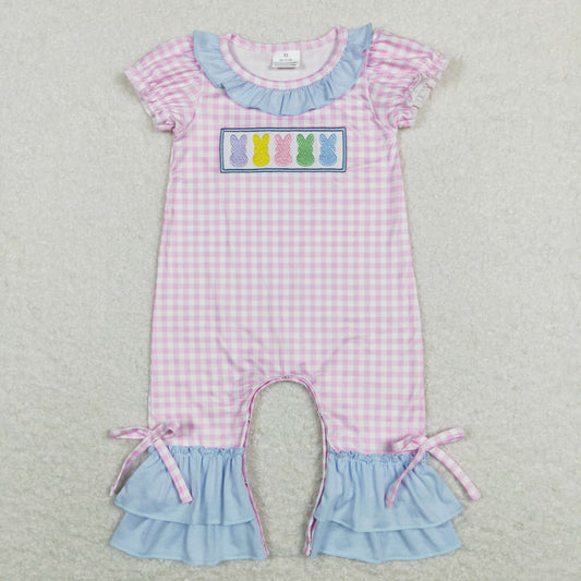 SR0689 Baby Girl Short Sleeves Easter Embroidery Rabbit Plaid Ruffle One Piece Romper