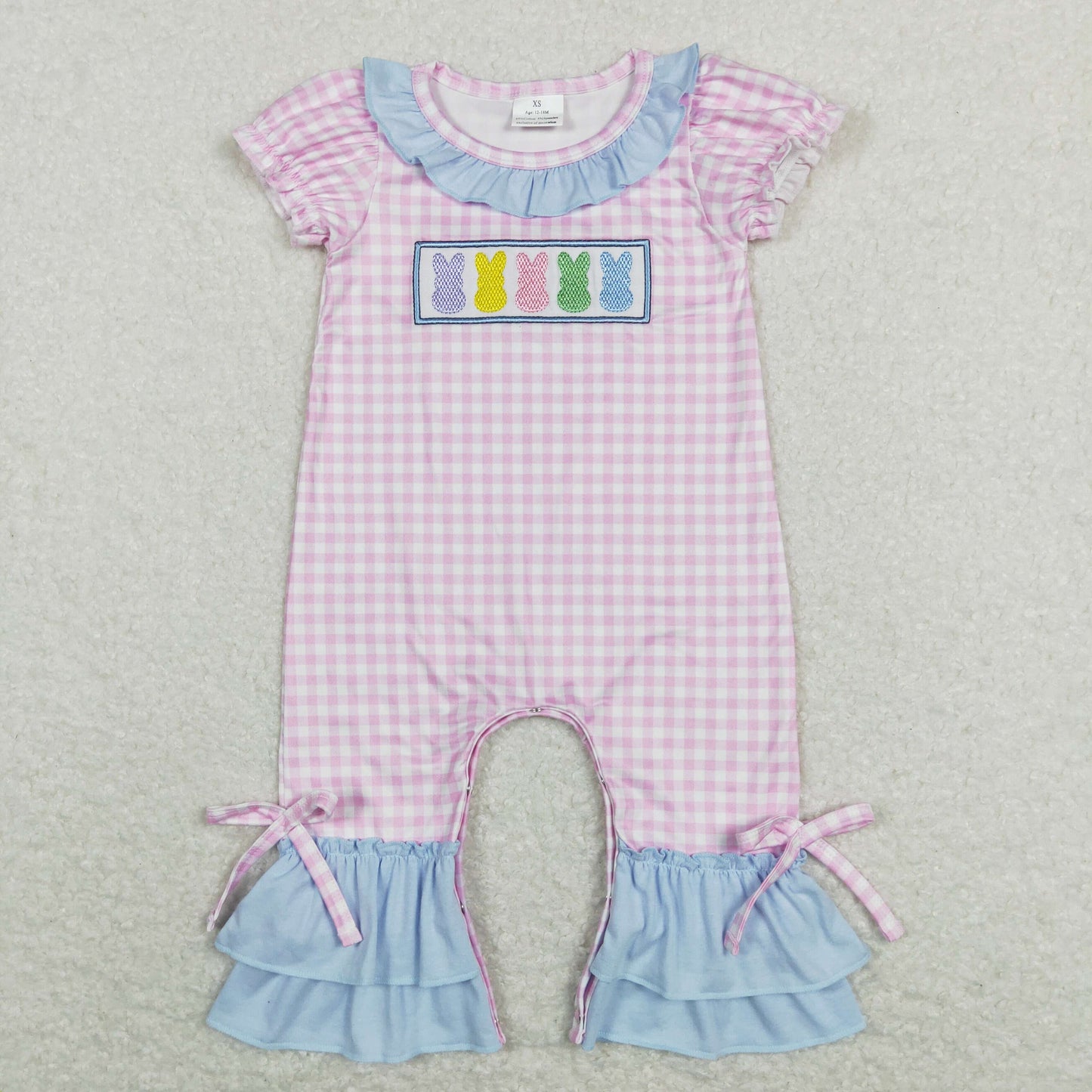 SR0690 Baby Boy Short Sleeves Easter Embroidery Rabbit Plaid One Piece Romper