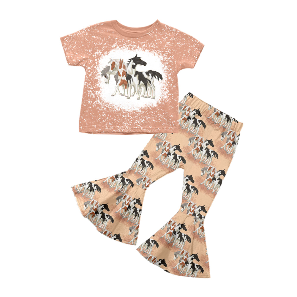 Baby Girl Western Horses Shirt Bell Pants Clothes Set