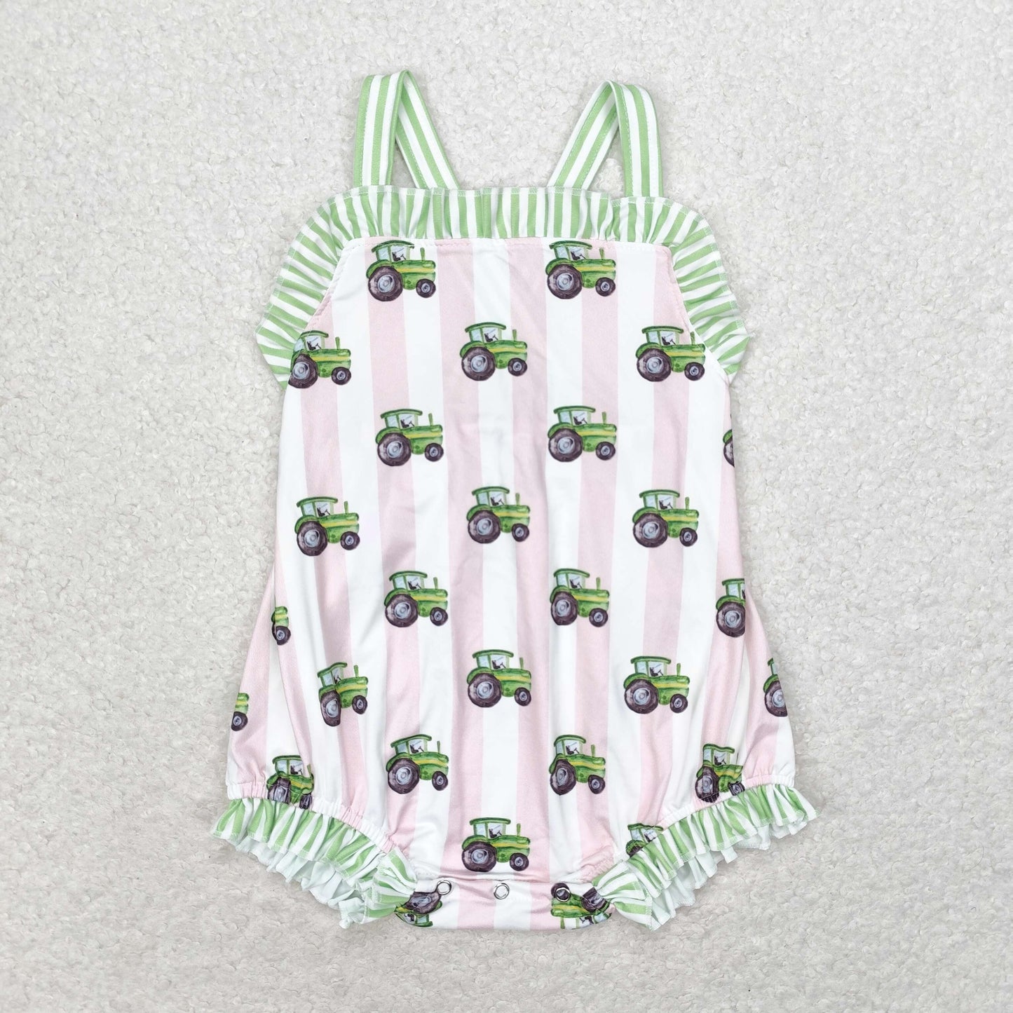 Baby Girl Sleeveless Tractors Stripes Bubble One Piece Romper