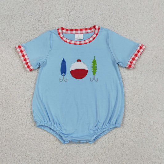 Baby Boys Short Sleeves Embroidery Fishing Blue Bubble Summer Romper RTS