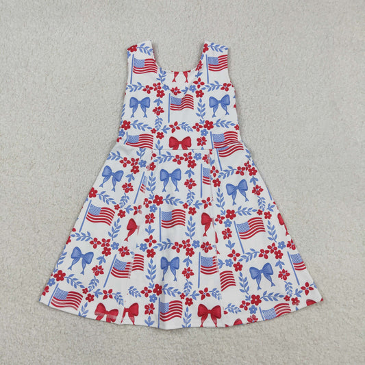 Baby Girls Kids Flags Bows Flowers 4th of July Shorts Knee Length Yoga Dress RTS