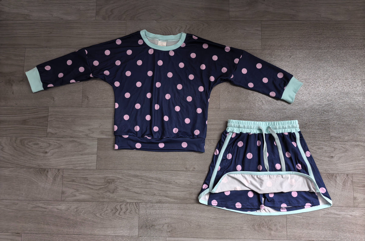 ( No moq ) Preorder Baby Girls Kids Long Sleeves Dots Shirt Skirt Shorts Navy Set Clothes