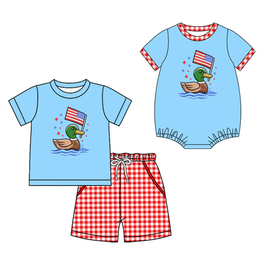 ( Moq 5 Each Style ) Sibling Baby Boys Kids Ducks Flags Shirt Shorts 4th of July Set Romper