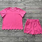 Adult Women Hot Pink Short Sleeves Scallop Shirt Shorts Pajamas Clothes Set RTS