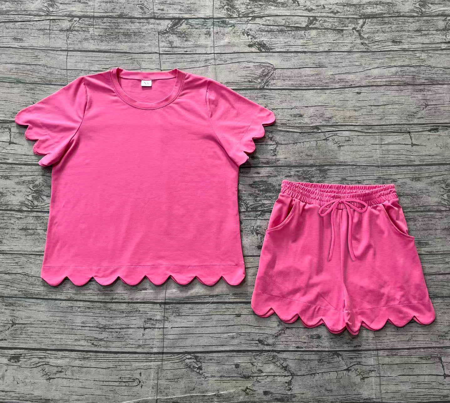 Adult Women Hot Pink Short Sleeves Scallop Shirt Shorts Pajamas Clothes Set RTS