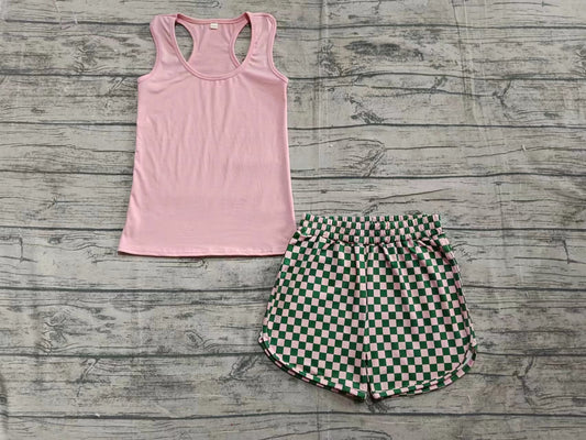 ( Moq 5  ) Baby Girl Sleeveless Pink Vest Tops Checked Shorts Set