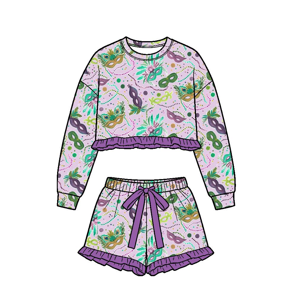 ( Moq 5 ) Preorder Baby Girls Kids Long Sleeves Masks Shirt Shorts Set Mardi Gras Clothes