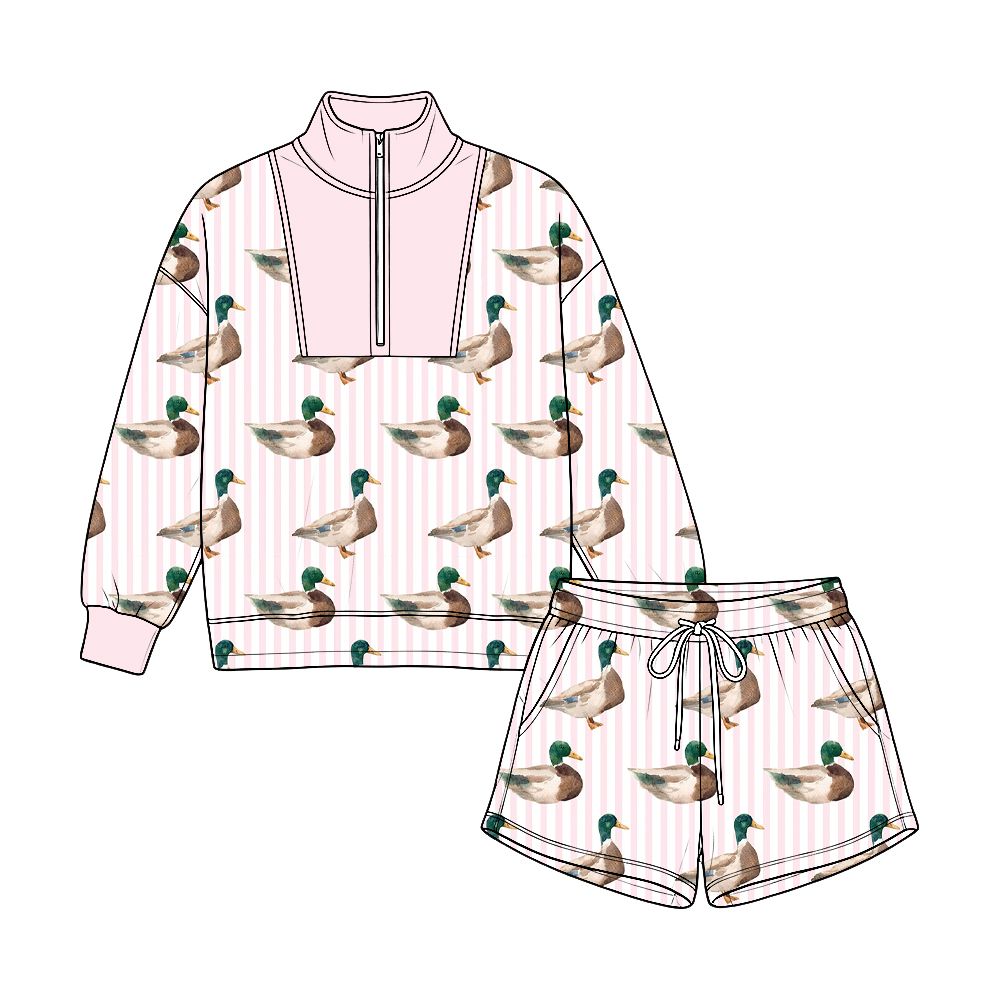 ( Moq 5 ) Preorder Baby Girls Kids Ducks Pink Stripes Zipper Pullover Pockets Shorts Set Clothes