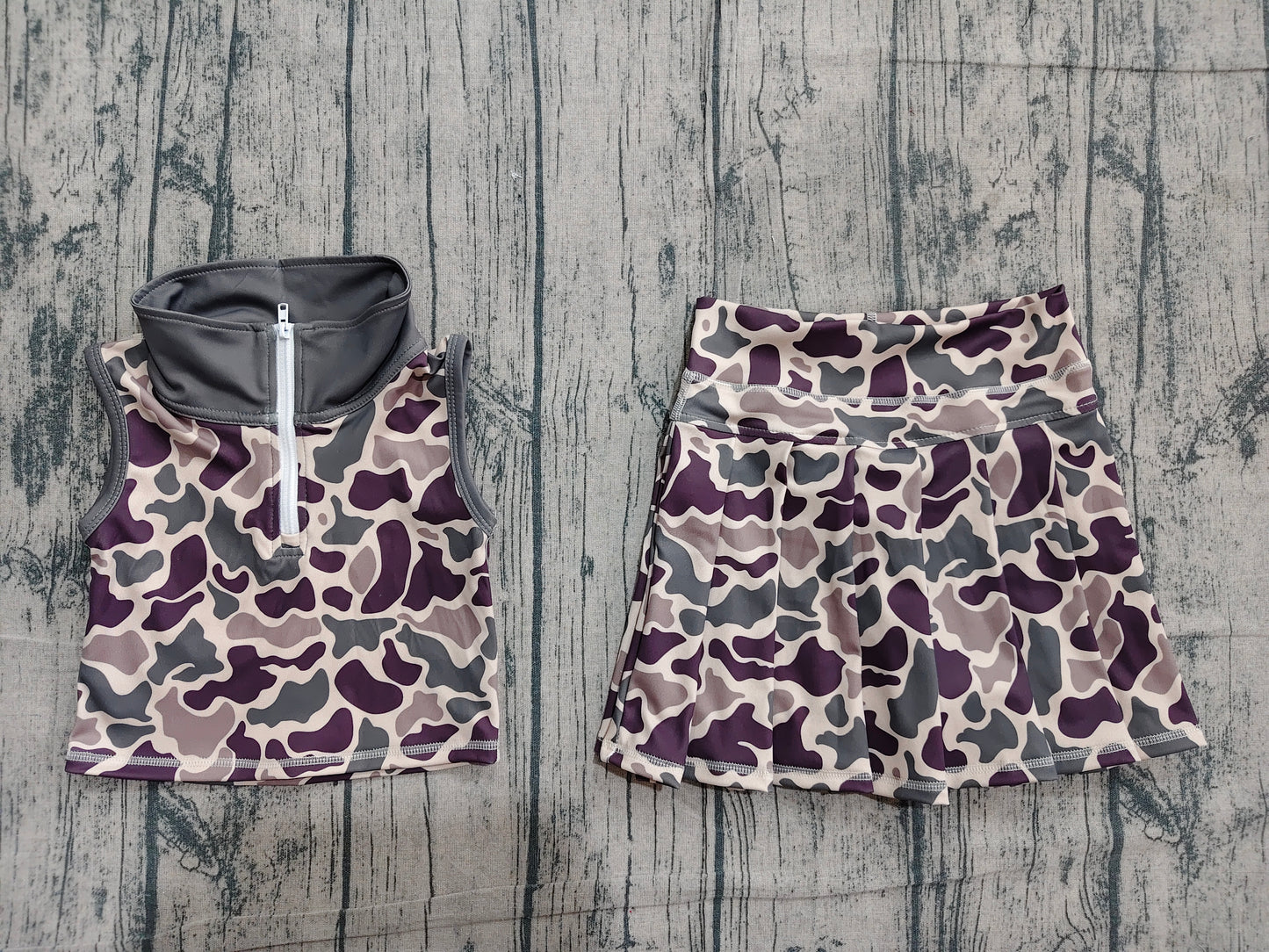 ( No moq ) Preorder Baby Girls Kids Sleeveless Zipper Camo Tops Skirt Shorts Yoga Set Clothes