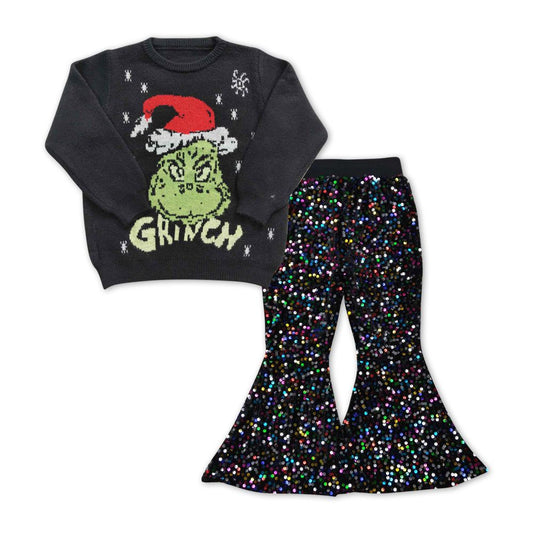 GLP1086 Baby Girl Long Sleeves Face Sweater Christmas Black Sequins Pants Outfit