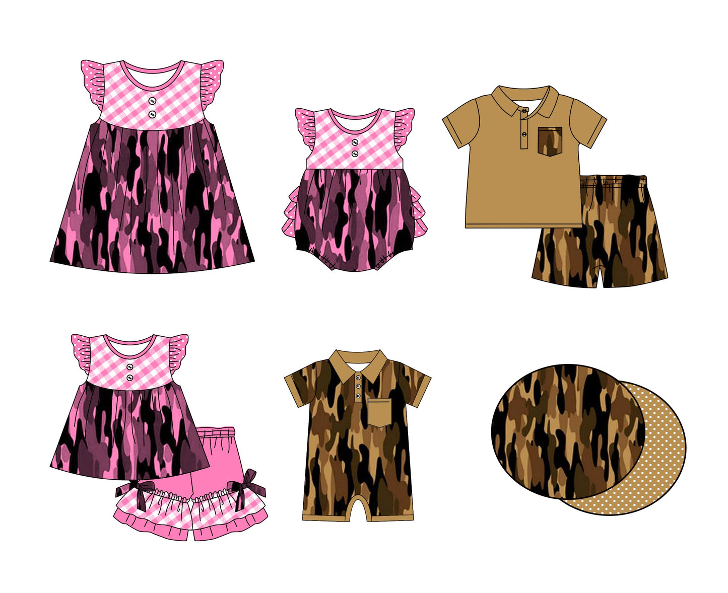 Baby Boy Girl Short Sleeves Camo Sibling Dress Romper Clothes Set Moq 5 Each Style