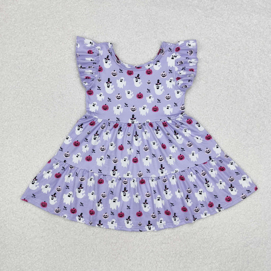 Baby Girl Short Sleeves Halloween Ghost Ruffle Purple Dress