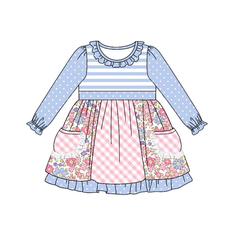 Baby Girl Blue Long Sleeves Flower Pocket Knee Length Dress