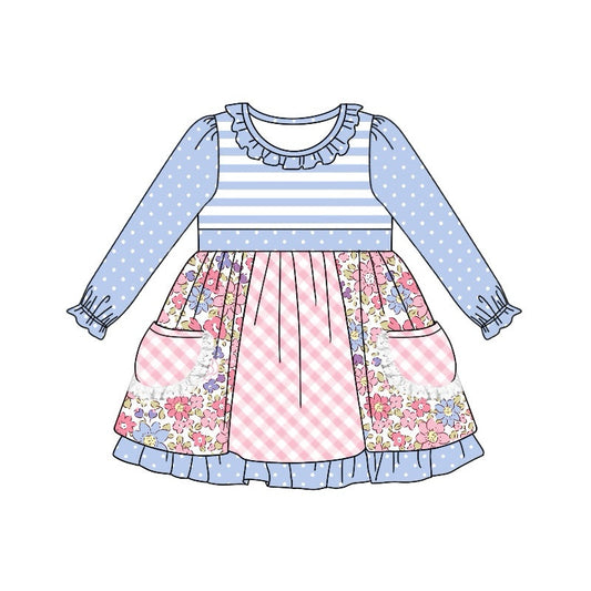 Baby Girl Blue Long Sleeves Flower Pocket Knee Length Dress