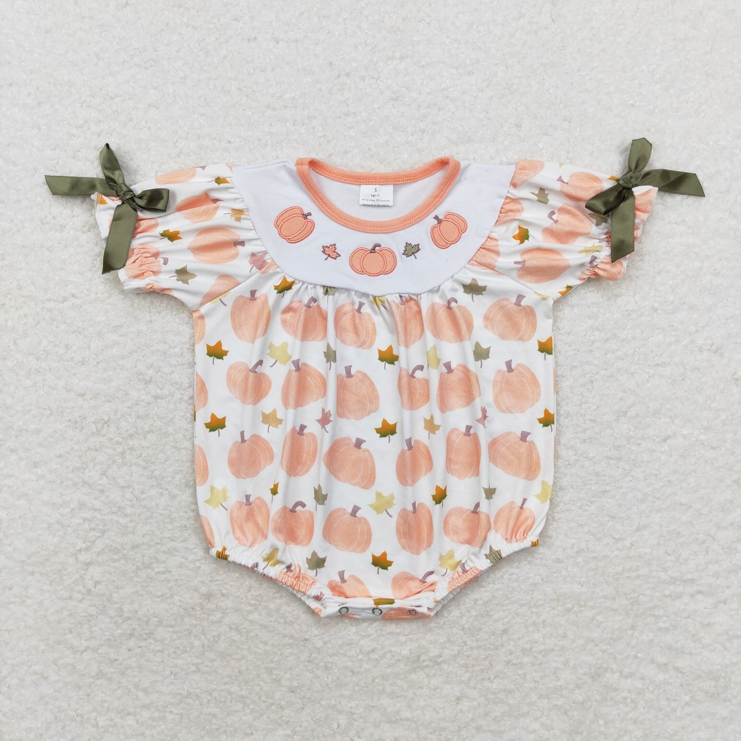 Baby Girl Short Sleeves Embroidery Pumpkin Bubble Romper