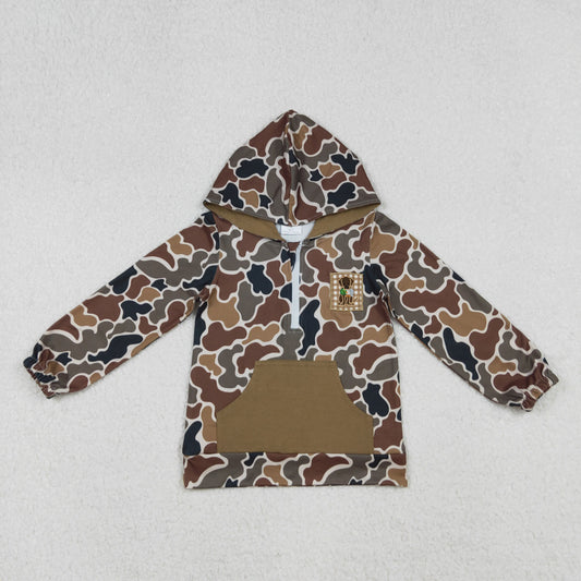 Baby Boy Long Sleeves Embroidery Dog Hoodie Zipper Brown Camo Shirt RTS