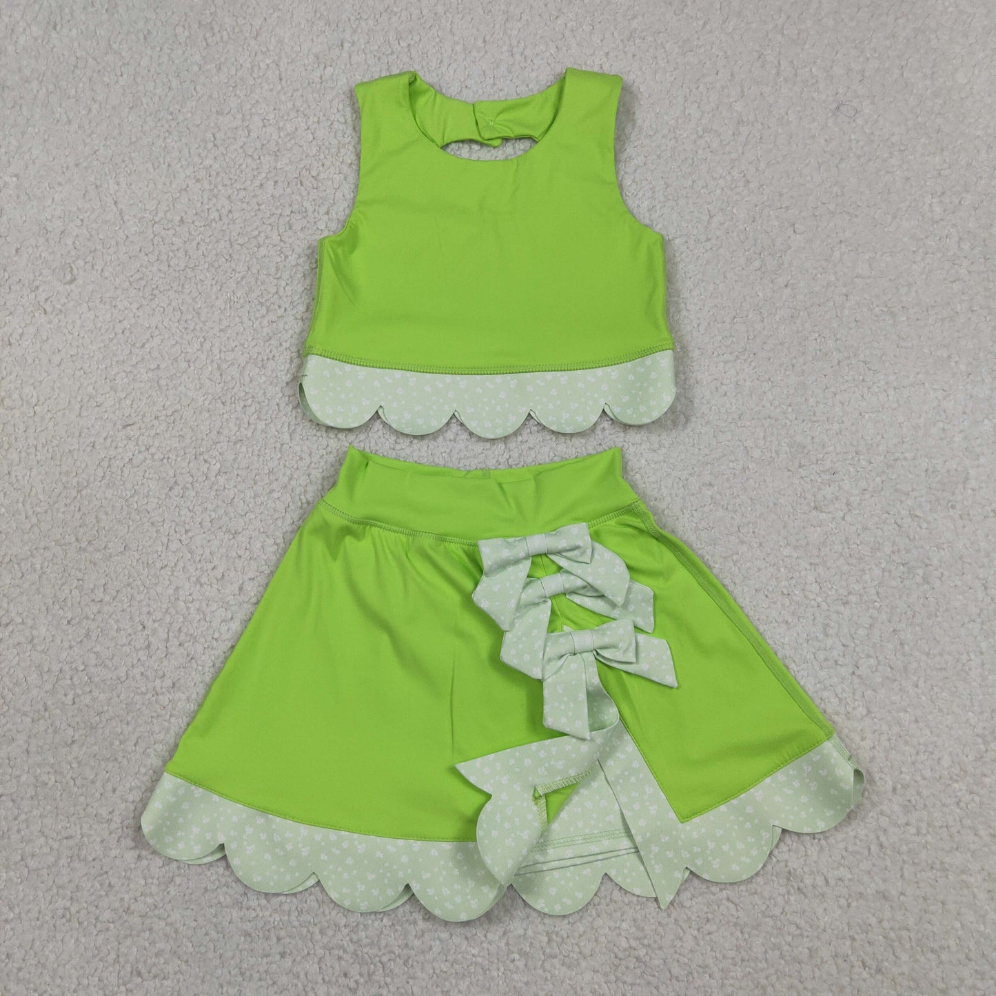 Baby Girls Kids Sleeveless Tops Bows Skirt Shorts Yoga Green Set RTS