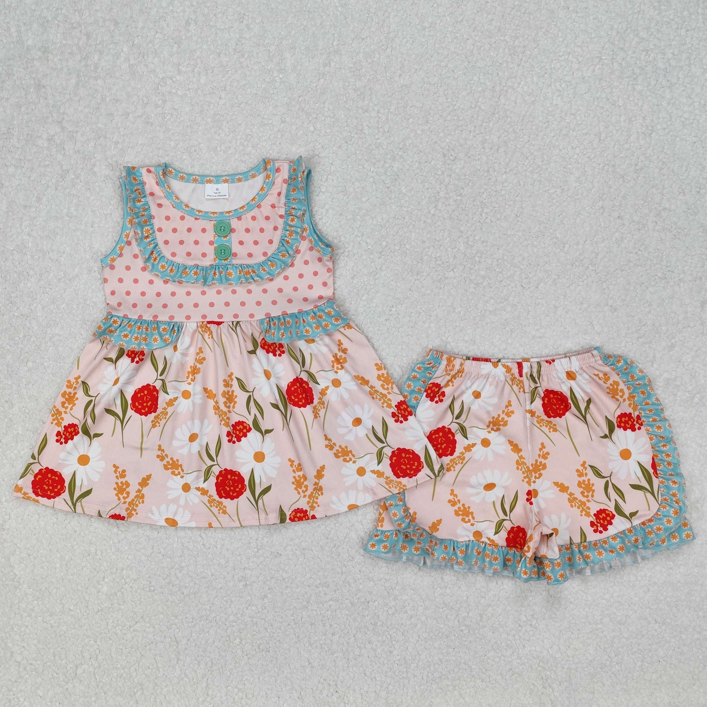 Baby Girl Sleeveless Dots Flower Tunic Ruffle Floral Shorts Set RTS