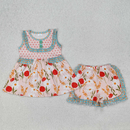 Baby Girl Sleeveless Dots Flower Tunic Ruffle Floral Shorts Set RTS