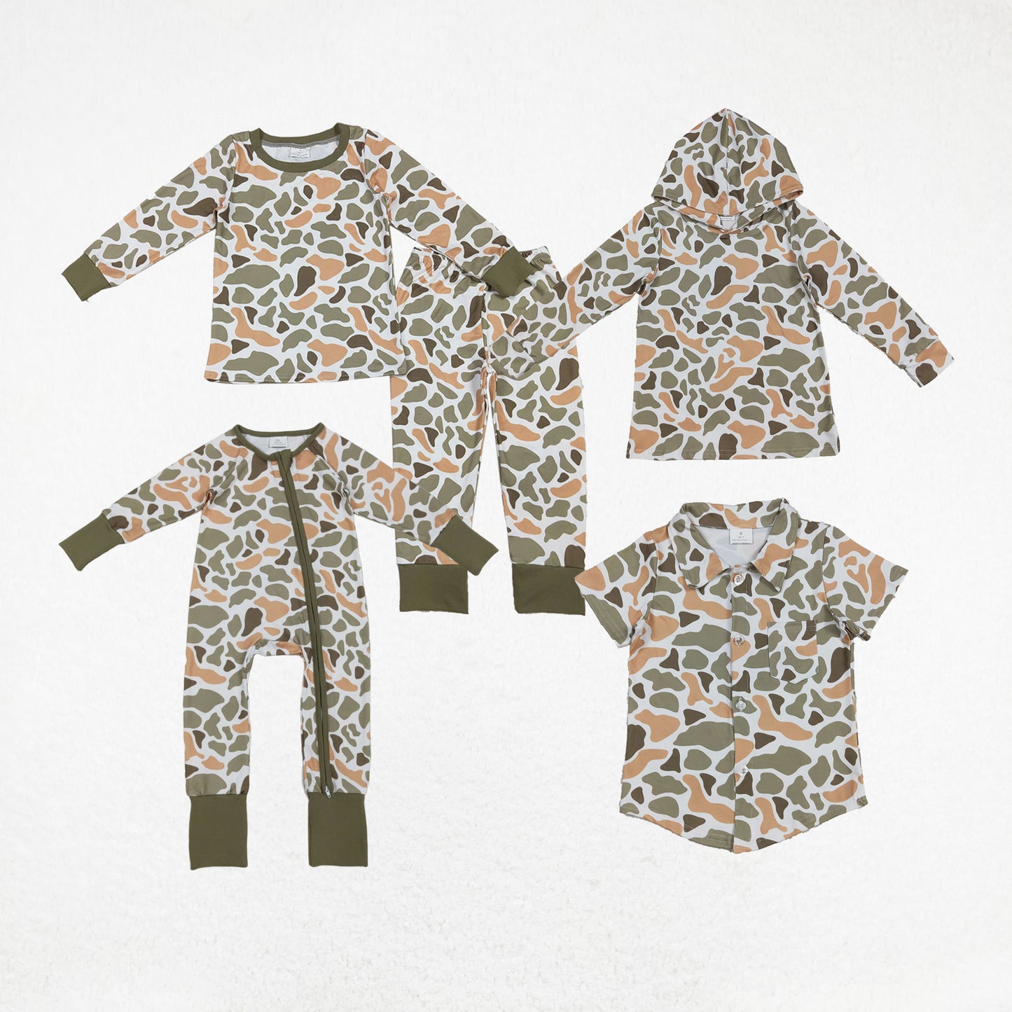 Sibling Boys Kids Green Orange Camo Shirt Pajamas Set Hunting Clothes RTS