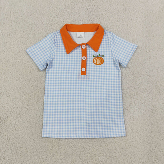 Baby Boys Kids Embroidery Pumpkin Blue Plaid Buttons Shirt Kids Thanksgiving Clothes RTS