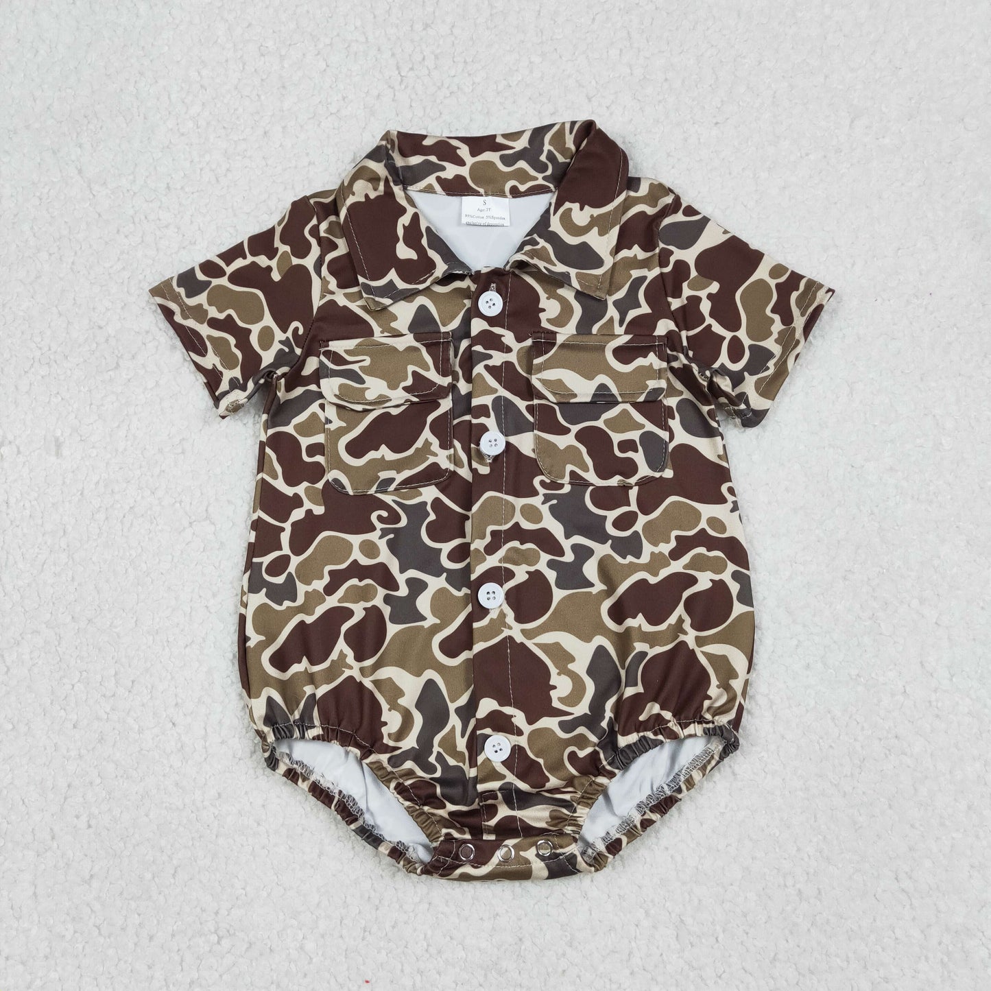 Baby Boys Short Sleeves Dark Green Camo Pockets Buttons Romper RTS