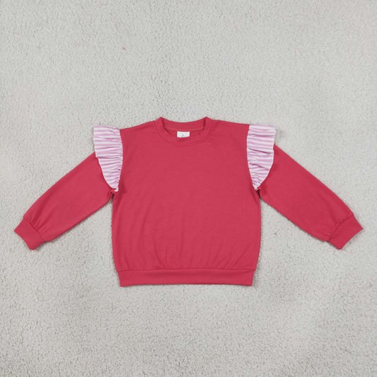 Baby Girls Toddler Stripes Ruffle Long Sleeves Hot Pink Shirt Cotton Clothes RTS